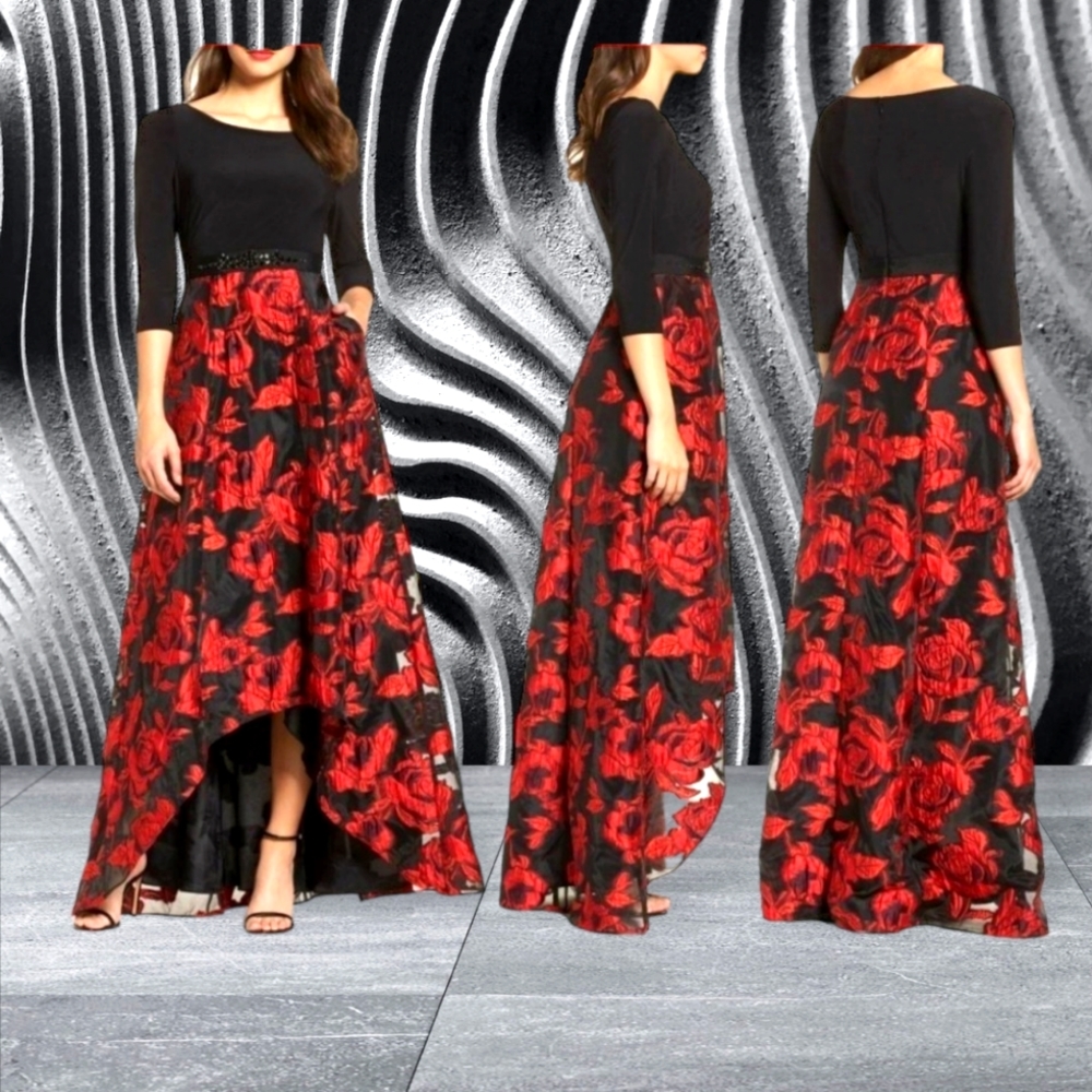 ADRIANA PAPPELL I NWT Black/Red Floral High-Low Evening Dress I Sz 12 *C…